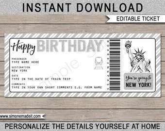 Biglietto del treno per rivelare il viaggio a sorpresa a New York - Buono regalo carta d'imbarco di compleanno stampabile - Modello coupon New York - Testo modificabile DOWNLOAD