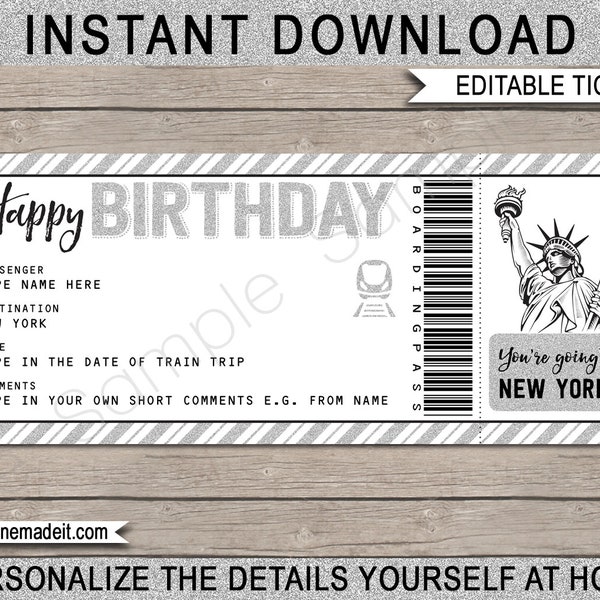 Surprise New York Trip Reveal Train Ticket - Printable Birthday Boarding Pass Gift Voucher - NYC Coupon Template - EDITABLE Text DOWNLOAD