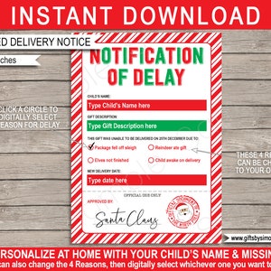 Carta de presente atrasado do Papai Noel - Aviso de presente de Natal atrasado - Presente de Natal faltando - DOWNLOAD INSTANTÂNEO - Nomes EDITÁVEIS