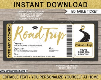 Bilet na wycieczkę samochodową do wydrukowania: Edytowalny prezent z niespodzianką (do natychmiastowego pobrania)