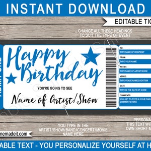 Show Ticket Template Birthday Gift Voucher Card Coupon - Surprise Broadway Show, Concert, Band, Artist, Movie - EDITABLE TEXT DOWNLOAD