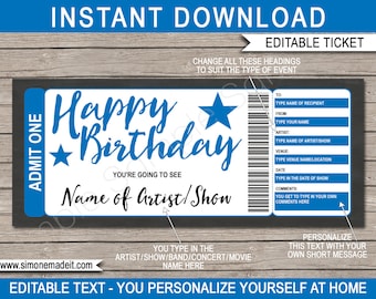 Show Ticket Template Birthday Gift Voucher Card Coupon - Surprise Broadway Show, Concert, Band, Artist, Movie - EDITABLE TEXT DOWNLOAD