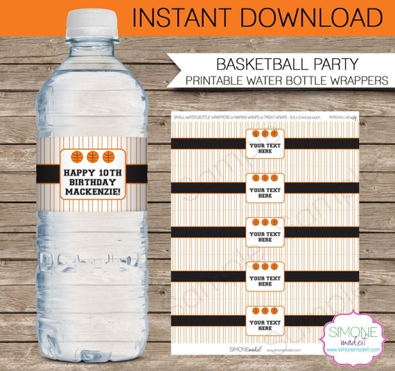 basketball party water bottle labels or wrappers orange black instant download editable template type your own text in adobe reader by simonemadeit catch my party