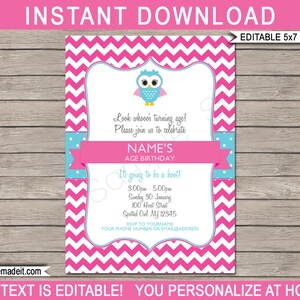 Uil uitnodiging sjabloon - Prinatble verjaardagsuitnodiging voor feest - baby shower uitnodiging - roze - INSTANT DOWNLOAD met BEWERKBARE tekst