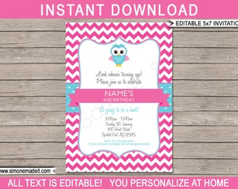 Owl Invitation Template - Prinatble Birthday Party Invitation - Baby Shower Invite - Pink - INSTANT DOWNLOAD with EDITABLE text