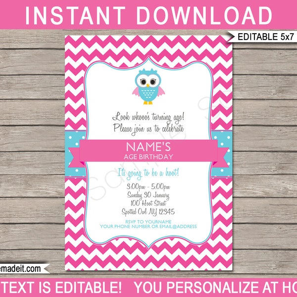 Owl Invitation Template - Prinatble Birthday Party Invitation - Baby Shower Invite - Pink - INSTANT DOWNLOAD with EDITABLE text