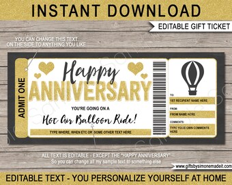 Könnte beinhalten: Editierbarer druckbarer Geschenkgutschein mit goldfarbenem Glitzerhintergrund und schwarzem Text. Der Gutschein lautet "Happy Anniversary" und "You're going on a Hot Air Balloon Ride!" Der Gutschein ist so konzipiert, dass er mit Namen und einer Nachricht personalisiert werden kann.