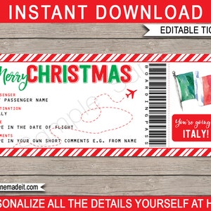 Modelo de cartão de embarque na Itália - Presente de passagem de avião de Natal para impressão - Viagem surpresa Férias - DOWNLOAD INSTANTÂNEO - Texto EDITÁVEL