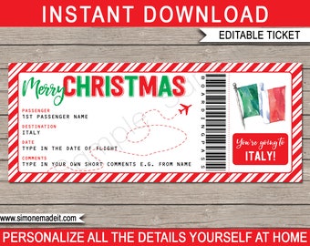 Italy Boarding Pass Template - Printable Christmas Plane Ticket Gift - Surprise Trip Vacation Holiday - INSTANT DOWNLOAD - EDITABLE text