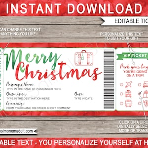 Bon de voyage de Noël, vacances surprises, idée cadeau, modèle imprimable, carte d'embarquement, billet VIP, téléchargement immédiat, texte éditable