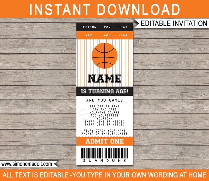 May include: Editable basketball-themed birthday party invitation with an orange basketball on a striped background. The text reads "Name is turning age!" and "Are you game?" with space for personalization.