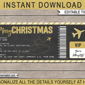 Modelo de presente de passagem de avião de Natal - Cartão de embarque para impressão - Revelação de viagem surpresa - Cupom de voo - DOWNLOAD INSTANTÂNEO - Texto EDITÁVEL