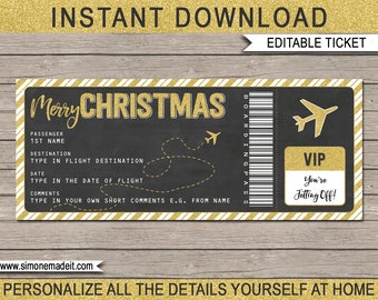 Christmas Plane Ticket Gift Template - Printable Boarding Pass - Surprise Trip Reveal - Flight Coupon - INSTANT DOWNLOAD - EDITABLE text