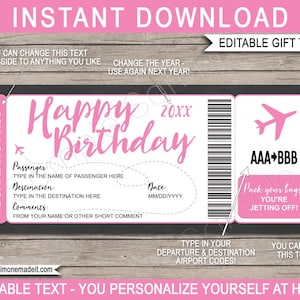 Boarding Pass Plane Ticket - Surprise Birthday Trip Reveal Gift Template - Faux Fake Boarding Pass Coupon - Pink - EDITABLE TEXT DOWNLOAD