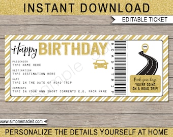 Road Trip Birthday Ticket: Surprise Vacation Reveal (EDITABLE TEXT DOWNLOAD)