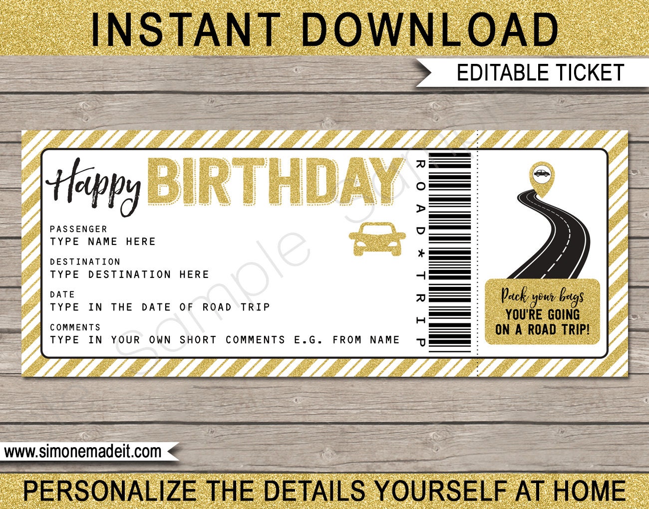 Road Trip Ticket Gift - Birthday Surprise Trip Getaway Holiday Vacation by Car - Road Trip Reveal Travel Coupon - EDITABLE TEXT DOWNLOAD