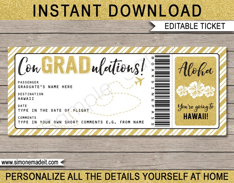 hawaii boarding pass graduation gift printable plane ticket etsy