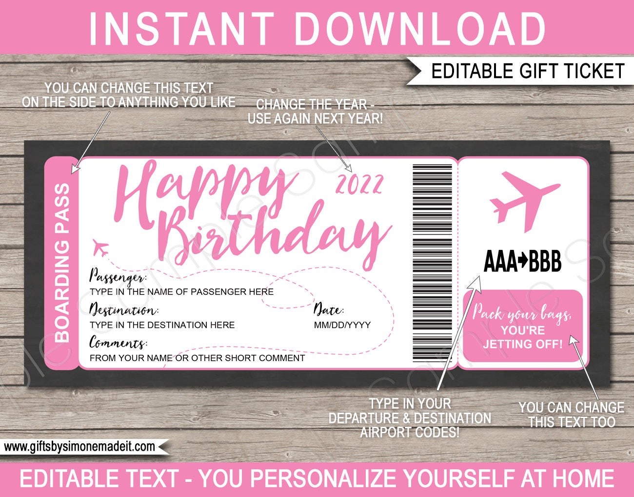 Boarding Pass Plane Ticket - Surprise Birthday Trip Reveal Gift Template -  Faux Fake Boarding Pass Coupon - Pink - EDITABLE TEXT DOWNLOAD