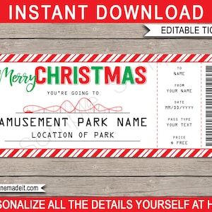 Weihnachtsthema Park Ticket Vorlage - Freizeitpark Geschenkpass - Erlebnisgeschenk - INSTANT DOWNLOAD mit EDITIERBARE Text