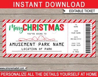 Christmas Theme Park Ticket Template - Amusement Park Gift Pass - Experience Gift - INSTANT DOWNLOAD with EDITABLE text