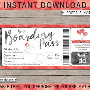 Boarding Pass Destination Invite Template - Printable Birthday Party Event Invitation Plane Ticket - INSTANT DOWNLOAD - EDITABLE text - Red