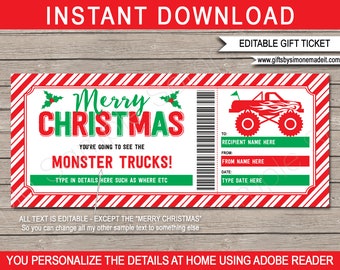 Monster Truck Ticket Template - Printable Christmas Gift Certificate Voucher Coupon - Kids Husband Boyfriend - INSTANT DOWNLOAD