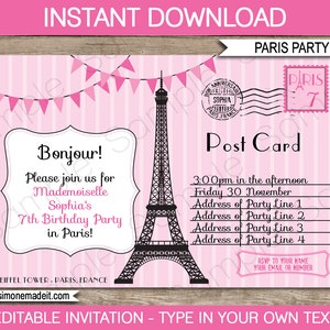 Paris Theme Party Templates with Invitation Printable Girls Birthday Decoration Bundle Pack Package Set Kit Collection DIY EDITABLE TEXT image 3