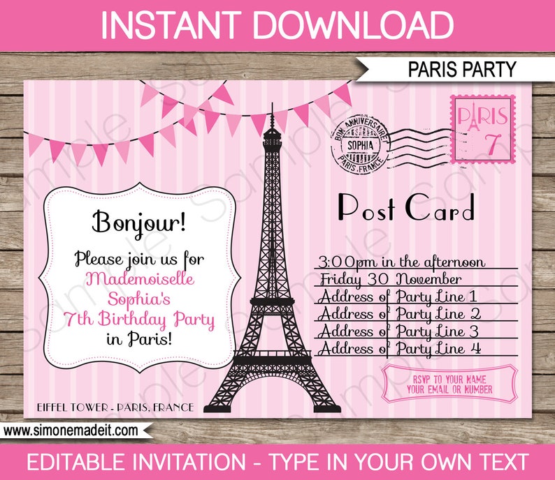 Paris Theme Party Templates with Invitation Printable Girls Birthday Decoration Bundle Pack Package Set Kit Collection DIY EDITABLE TEXT image 3