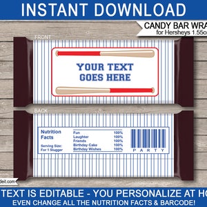 May include: Printable candy bar wrappers for Hershey's 1.55 oz bars. The wrappers feature a baseball theme with blue and white stripes, a red and white baseball bat, and the text "YOUR TEXT GOES HERE".