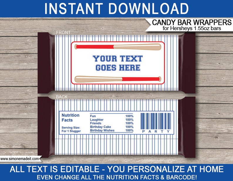 May include: Printable candy bar wrappers for Hershey's 1.55 oz bars. The wrappers feature a baseball theme with blue and white stripes, a red and white baseball bat, and the text "YOUR TEXT GOES HERE".