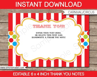 Carnival Party Thank You Cards - Circus - Carnival Thank You Cards - Carnival Favor Tags - 4x6 inches - INSTANT DOWNLOAD with EDITABLE text