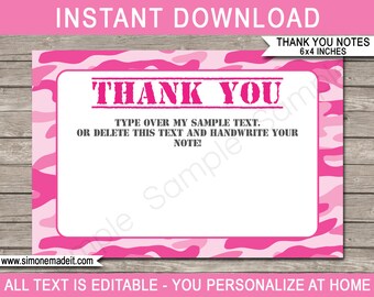 Roze camouflagebedankkaarten: bewerkbaar legerthema (digitale download)