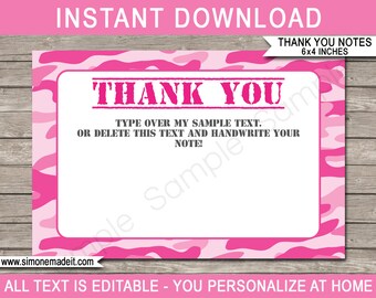 Pink Camo Thank You Cards Template - Printable Army Boot Camp Theme - 4x6 inch - INSTANT DOWNLOAD - EDITABLE text