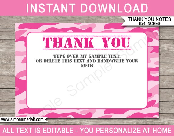 Pink Camo Thank You Cards Pink Camo Party Printable Thank You Notes 
