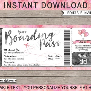 Boarding Pass Geburtstagseinladungsvorlage - Druckbare Party-Destination Ereigniseinladung - Flugticket - INSTANT DOWNLOAD Text EDITIERBAR - Pink