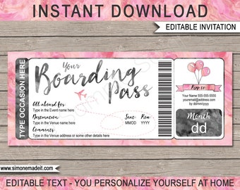 Boarding Pass Birthday Invite Template - Printable Party Destination Event Invitation - Plane Ticket - INSTANT DOWNLOAD text EDITABLE - Pink