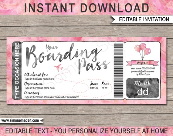 Editable Boarding Pass Template Printable Pink Watercolour 