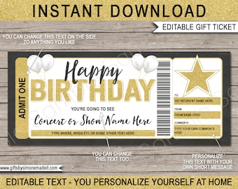 Concert Ticket Template Surprise Birthday Gift Printable - Show Performance Artist Band - Gift Certificate Voucher Coupon - EDITABLE TEXT