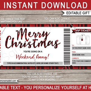 Bon week-end escapade, chèque-cadeau de Noël, modèle imprimable de carte de billets - faites vos valises pour un séjour à l'hôtel, texte à télécharger instantanément