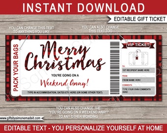 Weekend Getaway Voucher Christmas Gift Certificate Ticket Card Printable Template - Pack Your Bags Hotel Stay INSTANT DOWNLOAD text EDITABLE