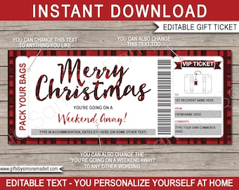 Weekend Getaway Voucher Christmas Gift Certificate Ticket Card Printable Template - Pack Your Bags Hotel Stay INSTANT DOWNLOAD text EDITABLE