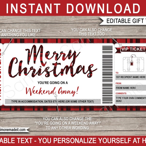 Weekend Getaway Voucher Christmas Gift Certificate Ticket Card Printable Template - Pack Your Bags Hotel Stay INSTANT DOWNLOAD text EDITABLE