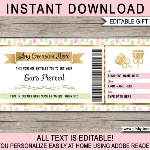 Ears Pierced Voucher Template - Printable Gift Coupon for Any Occasion - Includes Sleeve - DIY EDITABLE TEXT