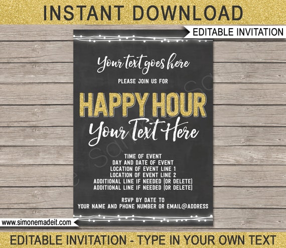 Happy Hour Invitation Template - Printable Drinks Flyer Invite - Chalkboard & Gold Glitter - EDITABLE TEXT DOWNLOAD - you personalize Il_570xn