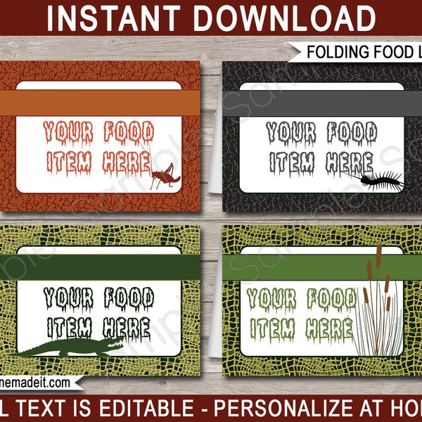 Swamp Food Labels Template - Printable Bayou Theme Birthday Party Decorations - Place Cards - INSTANT DOWNLOAD with EDITABLE text