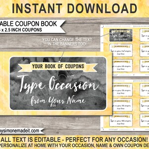 Coupon Book Template Printable Personalized Coupons Gift Vouchers, Birthday Mom Dad Anniversary Him Her - INSTANT DOWNLOAD - EDITABLE text