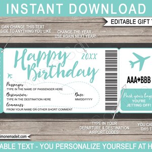 Editable Boarding Pass Template Surprise Birthday Fake Airline Ticket Coupon Trip Gift, Airplane Flight Destination Plane, Aqua - DOWNLOAD