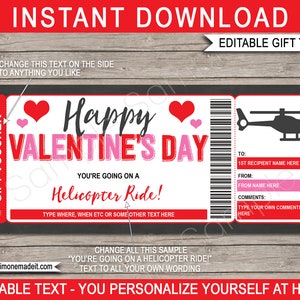 Valentines Helicopter Ride Ticket Template Gift Voucher Certificate Card Printable - Gift Experience - INSTANT DOWNLOAD with EDITABLE text