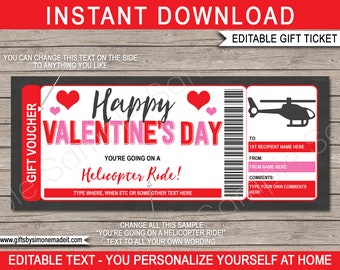 Valentines Helicopter Ride Ticket Template Gift Voucher Certificate Card Printable - Gift Experience - INSTANT DOWNLOAD with EDITABLE text