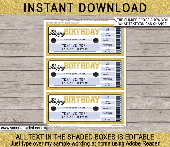 Printable Hockey Birthday Ticket: Editable Gift Voucher (digital